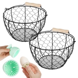 2 Pcs Egg Basket With Handle,Wire Egg Basket for Gathering Fresh Eggs, Round Egg Collecting Basket for Farm,Vintage Style Chicken and Duck Eggs Basket Egg Countertop Storage Container Holder ﻿