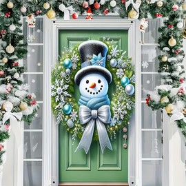 BlissYard Merry Christmas Door Cover Snowman Wreath Lantern Design Hanging Banner Backdrop Front Door Porch Photography Background Winter Xmas New Year Decoration 71x35 Inch（Banner, Not a Real Wreath）