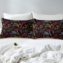 Wild Mushroom Duvet Cover Set Burgundy Plant Fall Thanksgiving Leaves Bedding Set for Kids Farmhouse Style Snail Print Comforter Cover Soft Polyester Quilt Cover 2 Pillow Case King