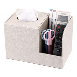 BTSKY Linen Beige Square Tissue Box Cover With Two Side Storage Pockets For Remote Control Vanity Makeup Cosmetics Pen Pencil - Tabletop Cube Tissue Box Holder Napkin Holder Storage Box