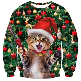 Fanient Women Christmas Sweatshirt Funny Cat Print Jumper Men Long Sleeve Ugly Sweatshirts Unisex Xmas Party Pullover L