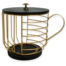 Large Coffee Pod Holder – Compatible w/KCup Pods and Capsules - Gold Metal K Cup Holder - Cute Coffee Pod Basket w/Wooden Lid - Coffee Pod Storage - Coffee Bar Decor (Black & Gold, Large)