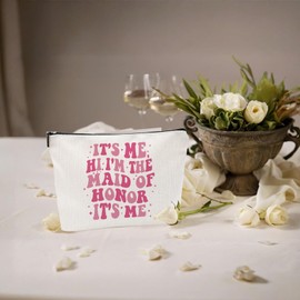 It's Me Hi I'm The Maid of Honor Canvas Makeup Bag – Bridal Party Gifts for Bridesmaids, Bachelorette Party Favor, Wedding Accessories, Cosmetic Pouch for Women