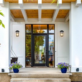 Outdoor Wall Sconce, Outside Porch Light Fixtures, Anti-Rust Exterior Wall Lights in Wood Grain & Black Finish with Clear Glass for Garage Doorway Entryway, 2 Pack