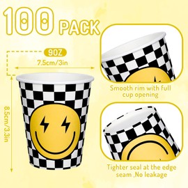 Whaline 100Pcs One Happy Dude Paper Cups Smile Face Disposable Cups Checkered Party Cups for Cold Hot Coffee Drink Birthday Holiday Table Decor Supplies, 9 Oz