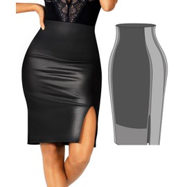 Popilush Faux Leather Skirts Skirts for Women Tummy Control with Built in Shapewear High Waist Midi Skirts Black