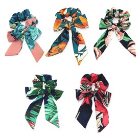 Tropical Travel Style Scrunchy Hair Rope Ties,Ribbon Bow Scrunchies Elastics Hair Bands,Soft Scarf Hair Ties Bowknot Ponytail Holder for Women Girls (Printed Scrunchies -5PCS-A)