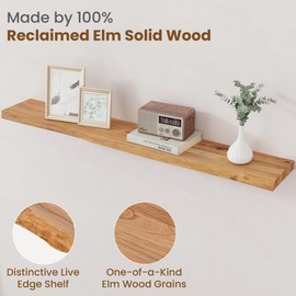 FLYJOE Floating Shelves for Wall Decor, Rustic Solid Elm Wood Floating Shelves Wall Mounted, Wall Shelves with Invisible Bracket for Living Room Bathroom Bedroom Kitchen, 48 Inch, Natural