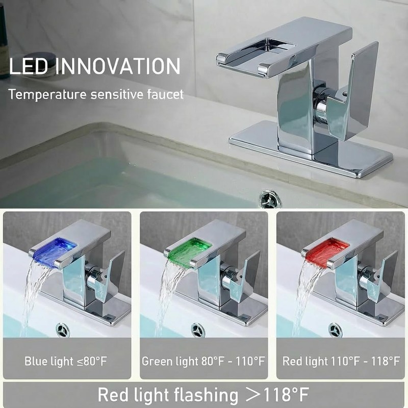 AVSIILE LED Bathroom Sink Faucet, Chrome Waterfall Single Hole Handle