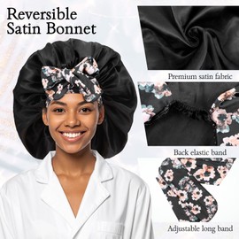 Nogeqi Silk Sleep Bonnets for Women with Tie Band, Satin Hair Bonnet for Sleeping, Breathable Curly Hair Cap for Sleep (Black)