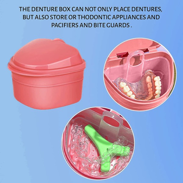 Y-Kelin Denture and Retainer Cleanning Set Denture Cleaning Case and Denture Brush Bath Cups Strainer Container with Basket(Pink case+brush)