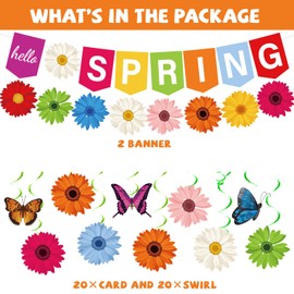 Qyeahkj Hello Spring Flower Banner Spring Sunflower Hanging Swirl Decoration Spring Party Banner Garland Kit Flower Hanging streamers for Spring Party Mantle Fireplace Indoor Outdoor Home Classroom