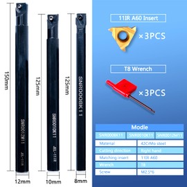 Lathe Turning Holders Threading Holder - Threading Tools Metal Lathe Cutting Tools 3pcs Internal Boring Bars SNR0008K11+SNR0010K11+SNR0012M11 with 3pcs Indexable Carbide Inserts for Lathe Tools