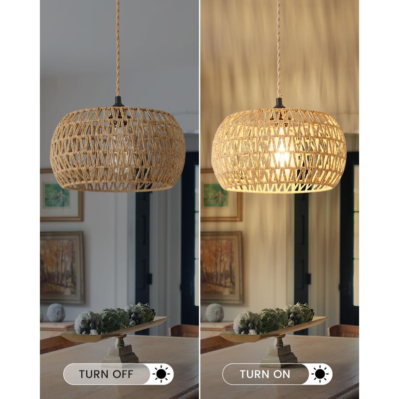 Rattan Boho Hanging Light,12.6'' Natural Hand Woven Fabric Drum Light,Plug