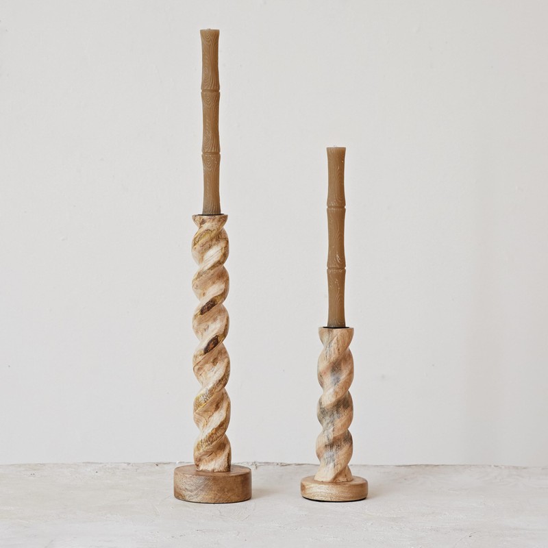 Creative Co-Op Tall Hand-Carved Mango Wood Twisted Taper Candle Holder,
