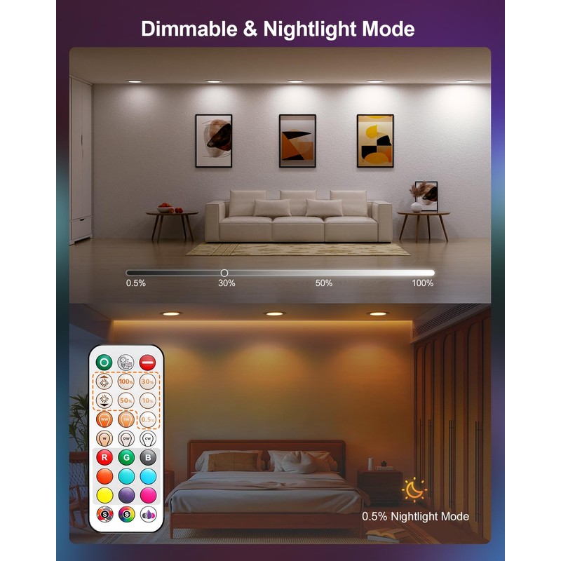 DUSKTEC Remote Control LED 6 Inch Canless Recessed Lighting RGBCW