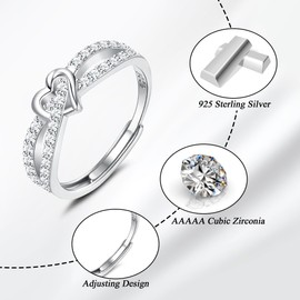 MILACOLATO 925 Sterling Silver Heart CZ Ring for Women, Adjustable Silver Engagement and Wedding Ring, Stackable Double Row Design with Platinum Plating