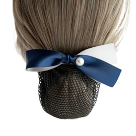 Chignon Net Barrette with Net Double Satin Ribbon Bun Net for Women Hair Accessories Hair Clips (Navy)