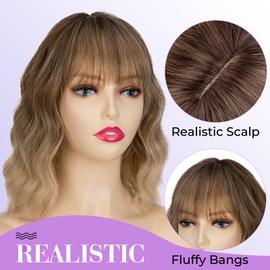 Sleekcute Bob Wig with Bangs 14 Inch Ombre Blonde Short Wavy Color Wigs for Women Synthetic Heat Resistant Bob Wigs For Women Daily Party Use(14 Inch Ombre Blonde)