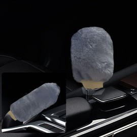 2PCS Plush Car Gear Shift Knob Cover & Handbrake Cover, Soft Fluffy Shift Knob Brake Handle Protector, Universal Car Interior Accessories (Gray)