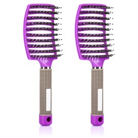 Curved Vented Wet & Dry Hair Detangling Brushes for Blow Drying, Women & Kids - 2 Pack (Purple)