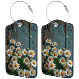 2 Pack Luggage Tag for Suitcase Daisies on Blue Wooden Leather Travel Cruise Luggage Tag with Stainless Steel Loop Name ID Label Privacy Cover for Adults Teens Travel Bag Labels Set