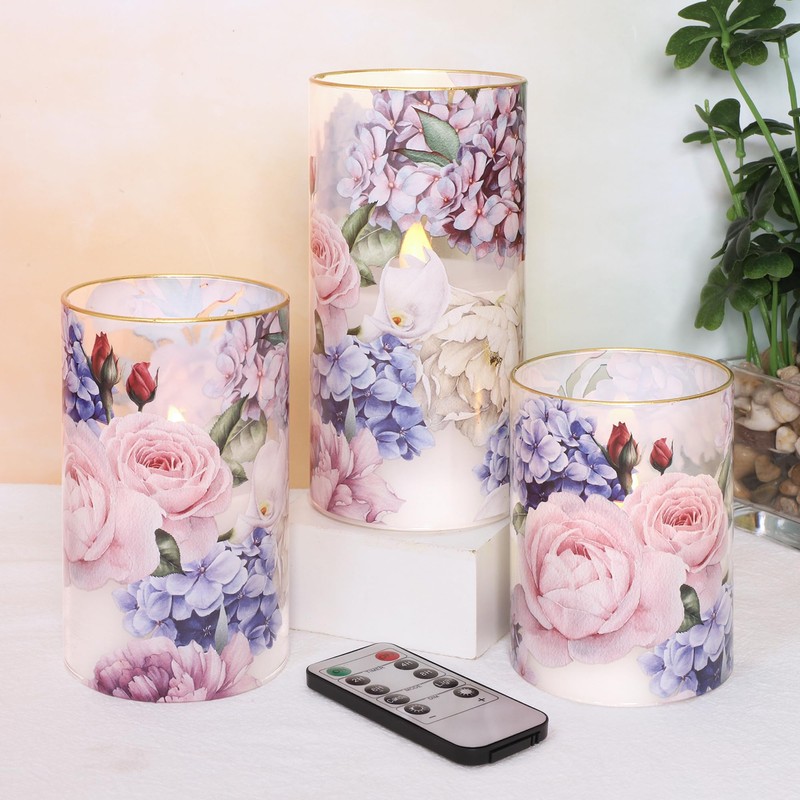 Silverstro Hydrangea Rose Flameless Candles with Remote Control & Timer
