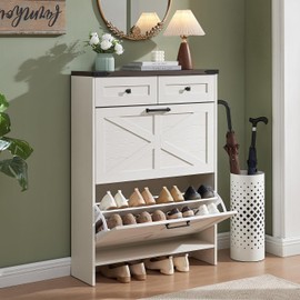 Barnyatoh Shoe Cabinet Storage for Entryway, Farmhouse Hidden Shoe Organizer with 2 Flip Drawers & 2 Drawers,Narrow Shoe Rack for Front Door Entrance with Adjustable Shelves (Antique White)