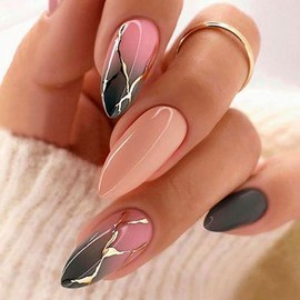 24Pcs Almond Press On Nails，Almond Shaped Press On Nails, Almond Nails Press On，Long Fake Nails with Ombre Black Cracked Gold Foil Design Artificial Nails Stick on Nails For Women