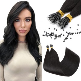 Elailite Hair Extensions Real Human Hair Nano Ring Nano Beads Hair Extension 50 Strands 35g Cold Fusion Straight （#1B Natural Black, 18 Inch)