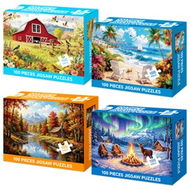 4-Pack 100 Piece Puzzle, Four Seasons Scenery 100 Piece Puzzles for Adults Seniors, Nature Landscape Large Piece Jigsaw Puzzles for Seniors Adults Educational Jigsaw Puzzles 100 Pieces (15x10 in)