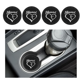 4PCS Car Cup Holder Coaster, Non-Slip PVC Insert Cup Coaster, 2.76 Inch Blessed Cross and Heart Christian Auto Drink Cup Mat, Universal Interior Accessories for Women Girls (Black)