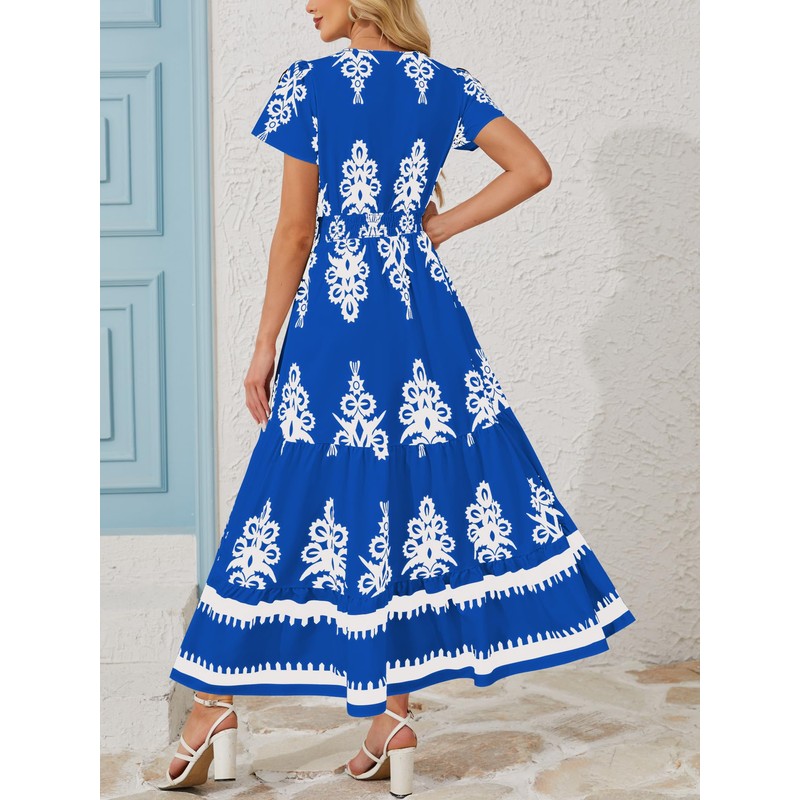 Simlakey Women Summer Casual Dress Boho Maxi Dress Flowy V