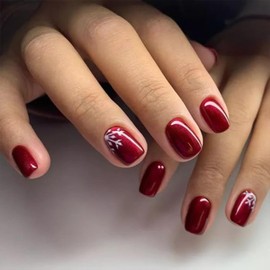 24 Pcs Christmas Red Press on Nails Short Square Fake Nails Winter Xmas False Nails White Snowflake Design Glossy False Nails Christmas Stick on Nails Christmas Acrylic Nails for Women DIY Manicure