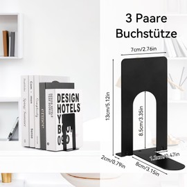 Metal Bookends, Pack of 6, 80 x 70 x 130 mm Bookends, Book Holder for Books, Magazines and DVDs, Organising, Black Book Holder Shelf for Children, School, Library