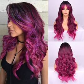Fulang Hair Wig Black Pink Colour Gradient Long Curly Heat Resistant Fibre Synthetic Wig Peruka Women's Natural Hair for Daily Use