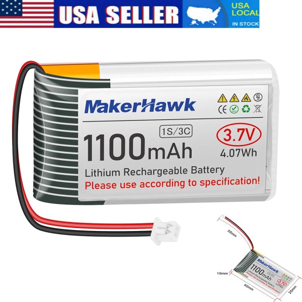 MakerHawk 3.7V 1100mAh LiPo Battery 1S 3C 102540 Lithium Polymer
