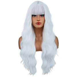 BERON White Wigs Long Curly Wave Wig with Bangs for Women Girls 26 Inches Wavy Heat Resistant Synethetic Wig Costume Cosplay Party or Daily Use