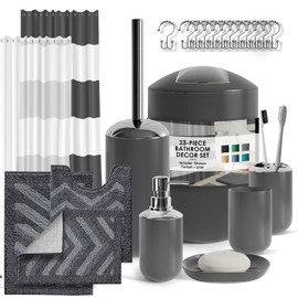 Clara Clark Bathroom Accessories Set - 23PC Shower Curtain Set with Bathroom Trash Can, Grey Bathroom Set, Bathroom Sets with Shower Curtain and Grey Rugs