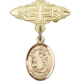Gold Filled Baby Badge with St. Cecilia Charm and Badge Pin with Cross 1 X 3/4 inches