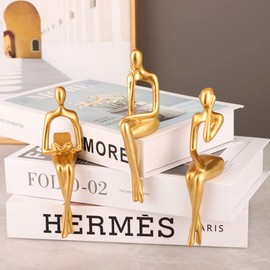 Jetcloud 3Pcs Thinker Statue Decor Modern Abstract Art Gold Figurines Resin Collectible Decorative Sculpture for Bookshelf Home Office Living Room Table Desktop