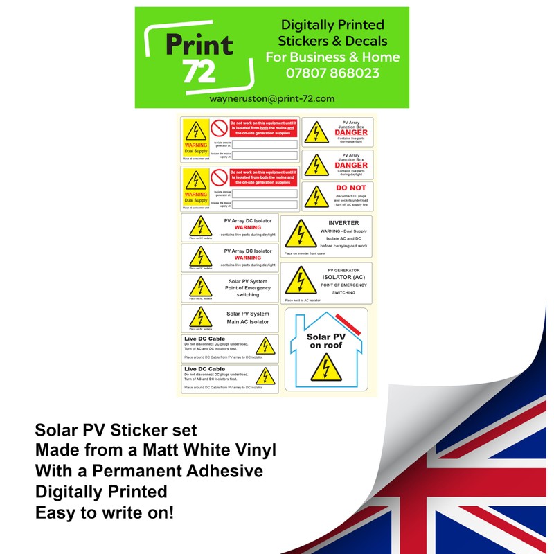 Solar PV System Installation Warning Label Set - A4 Sheet