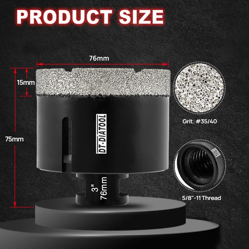 DT-DIATOOL Daimond Core Drill Bit 3 Inch Vaccum Brazed Hole