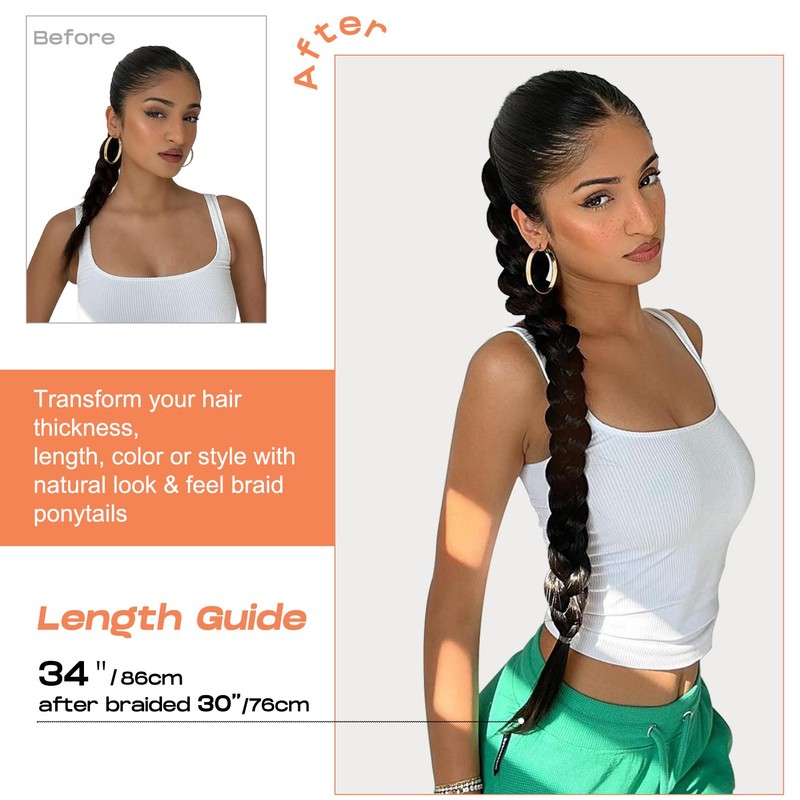 SEIKEA Upgraded Long Braid Ponytail Extension with Elastic Tie Straight