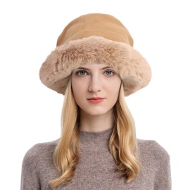 QKURT Winter Warm Furry Bucket Hat for Women and Ladies, Faux Fur Hat Windproof Ear Protection Fisherman Cap, Cozy Fuzzy Hat Thermal Beanie with Soft Plush Lining Khaki