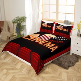 Homewish Movie Duvet Cover Single Popcorn Movie Bedding Set Retro Cinema Red Black Theater Comforter Cover Cartoon Film Clapboard Food Bedroom Decor Vintage Ticket 1 Pillow Case Bedding Set