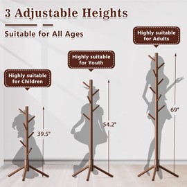 OUTGAVA 2 Pack Coat Rack, Solid Wood Coat Rack Freestanding with 8 Hooks & 3 Adjustable Heights, Simple Assembly Coat Tree for Hats, Bags, Wooden Coat Hanger Stand for Bedroom, Entryway, Office