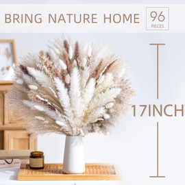 WILD AUTUMN 96PCS Natural Dried Pampas Grass Boho Home Decor Bouquet Phragmites Dried Flowers Bouquet for Wedding Floral Arrangements Home Decorations (96PCS)