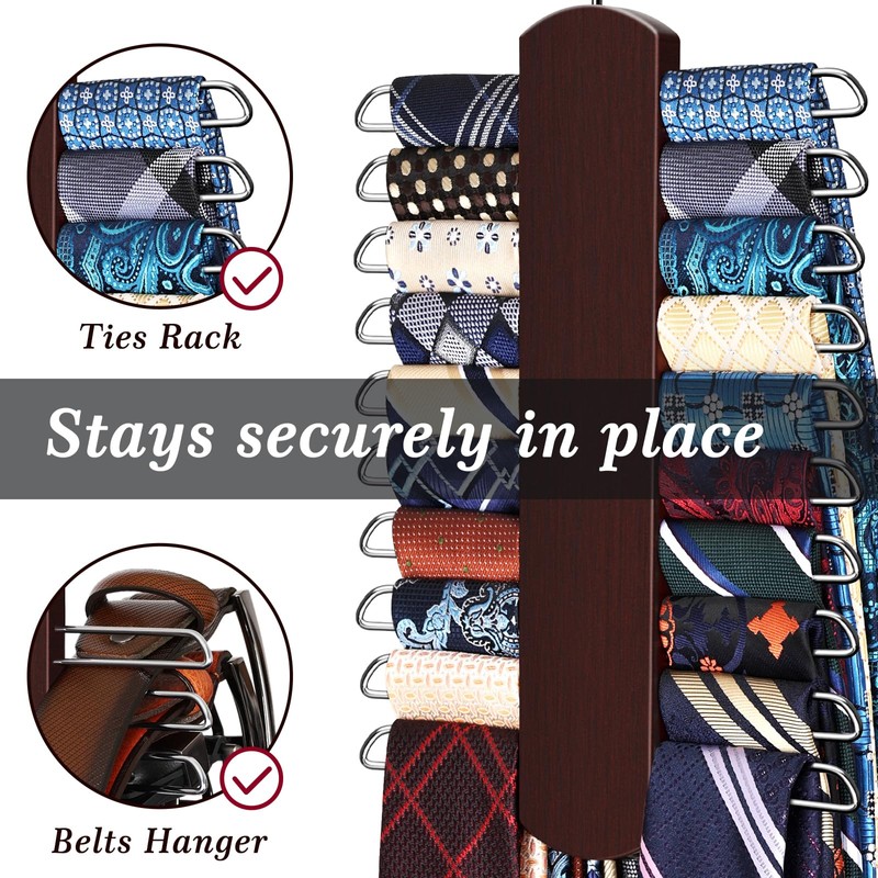 2 Pack Tie Rack for Closet, Premium Wooden Necktie Organizer
