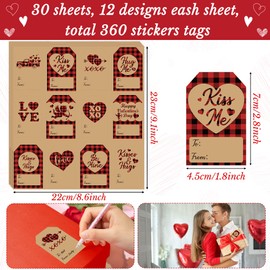 AsodSway Summer Gift Wrapping Stickers - 360Pcs Valentine Vintage Old Style Stickers 12 Styles Heart Kraft Paper Gift Tag Stickers Name Tags Stickers for Valentines Day DIY Back to School Gifts Crafts